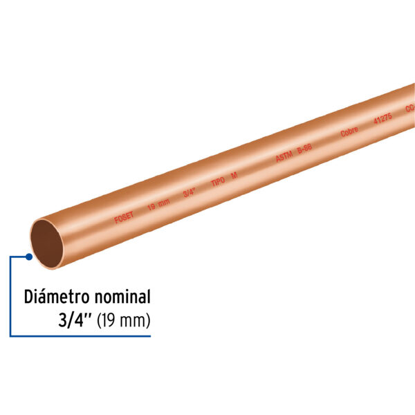 Tubo cobre tipo "M", 3/4", 3 metros