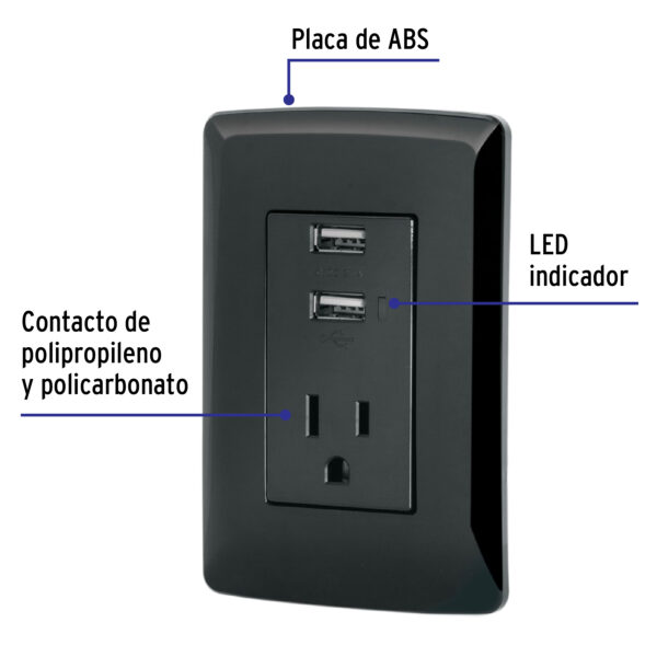 Placa Armada Contacto con 2 puertos USB negro linea Italiana