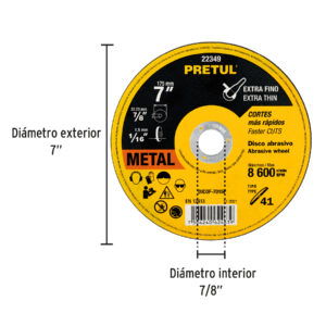 Disco Tipo 41 para corte fino de metal 7", 1.5 mm Pretul