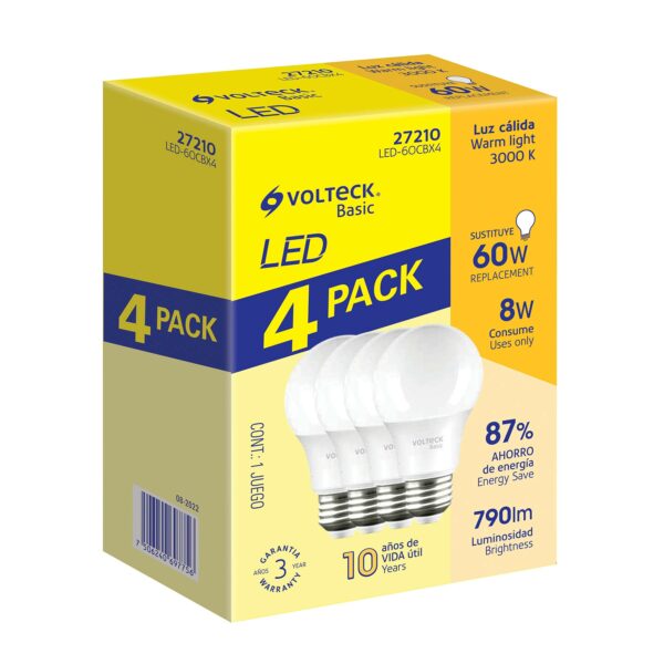 Pack 4 Piezas de Foco Lampara LED 8W Luz Calida
