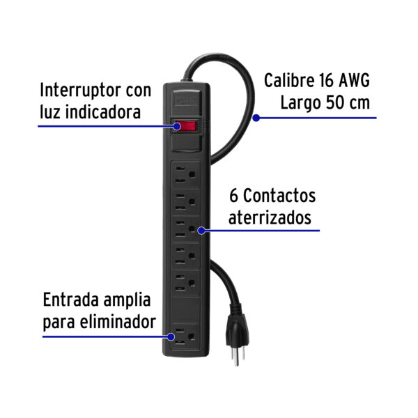 Multicontacto 16AWG domestico con 6 entradas negro Volteck