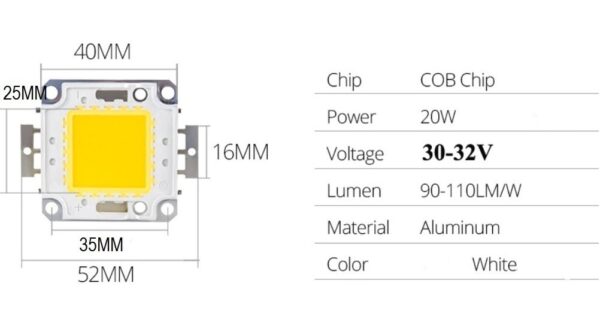 Chip Led Cob 20W Blanco Frio