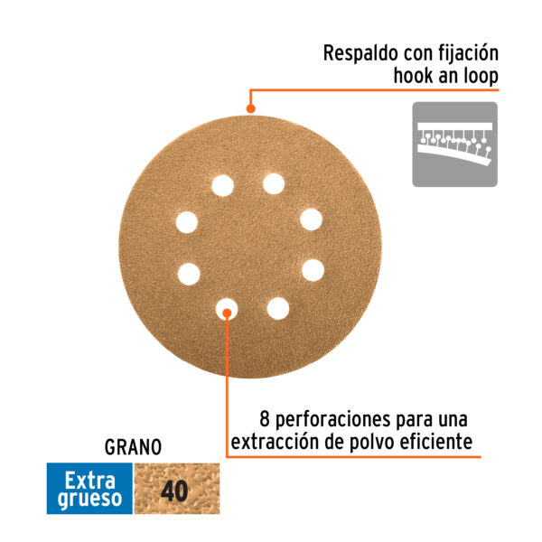 Discos de lija roto orbital 5" grano 40 8 orificios 5pzas