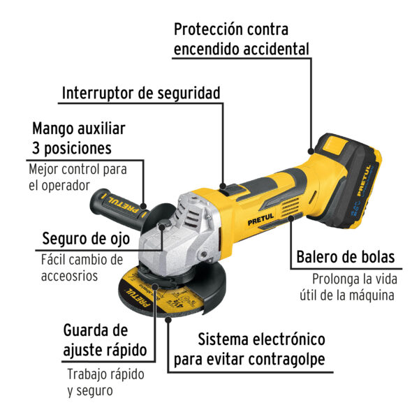 Esmeriladora angular inalambrica 4-1/2', 20 V, Pretul