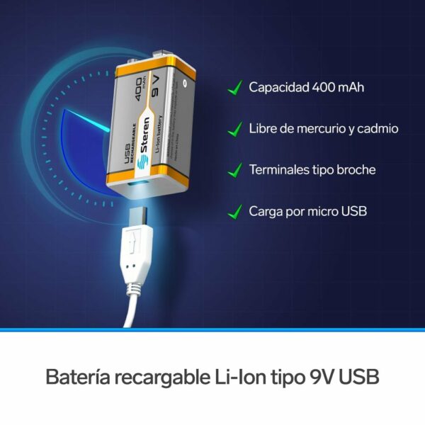 Pila Recargable USB Li-ion tipo 9V (cuadrada) de 500mAh