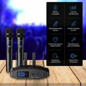 Sistema de 2 microfonos inalambricos UHF con bateria recargable