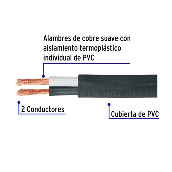 Cable uso rudo, 2 conductores, calibre 10, rollo de 100 m.