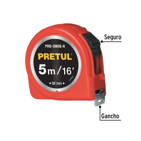 Flexometro Rojo 5m Cinta Amarilla 19mm Pretul