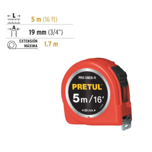 Flexometro Rojo 5m Cinta Amarilla 19mm Pretul