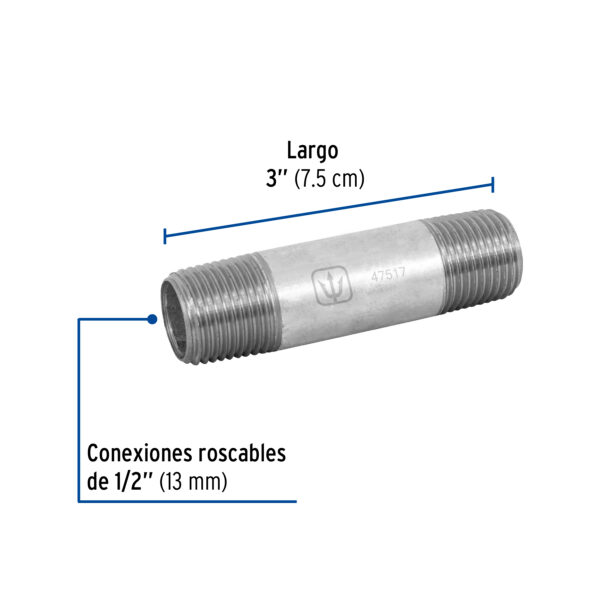 Niple, acero galvanizado, 1/2" x 3", cedula 40