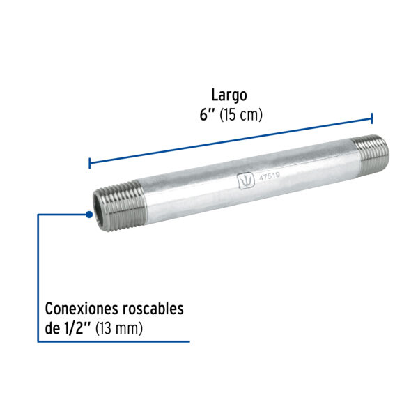 Niple, acero galvanizado, 1/2" x 6", cedula 40