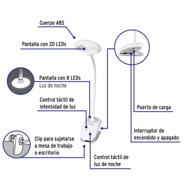 Lampara escritorio LED 4 W recargable c/clip, 3 intensidades