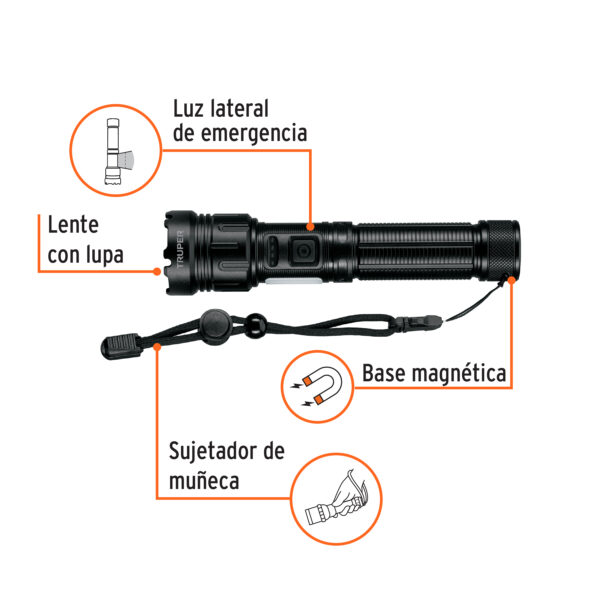 Linterna LED recargable c/luz de emergencia, 410 lm, Truper