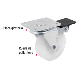 Rodaja de polietileno 2-1/2", placa giratoria,22mm con freno