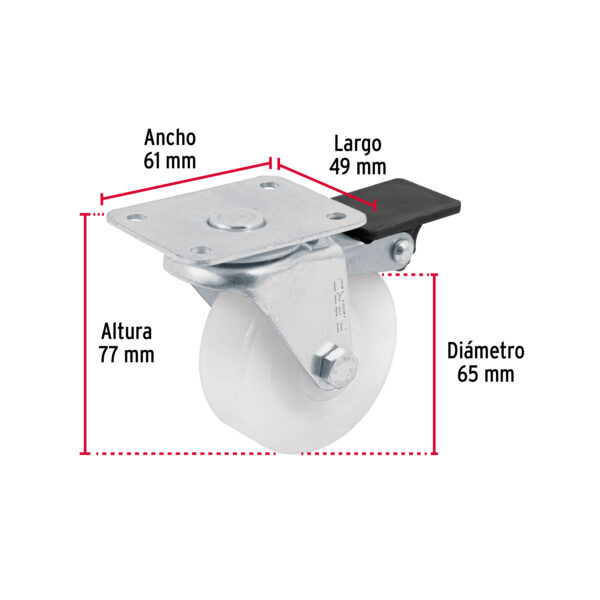 Rodaja de polietileno 2-1/2", placa giratoria,22mm con freno