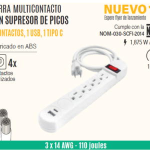 Multicontacto Supresor de pricos, 4 Contactos, 1USB, 1C