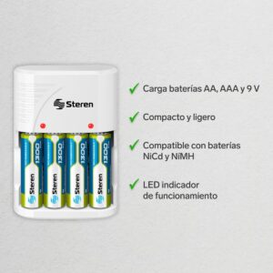 Cargador para pilas AA, AAA, 9V cuadrada, incluye 4 pilas recargables AA