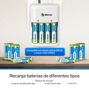 Cargador para pilas AA, AAA, 9V cuadrada, incluye 4 pilas recargables AA