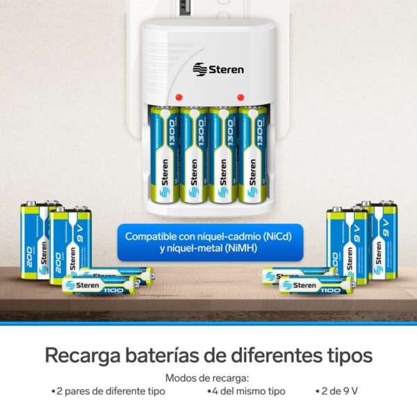 Cargador para pilas AA, AAA, 9V cuadrada, incluye 4 pilas recargables AA