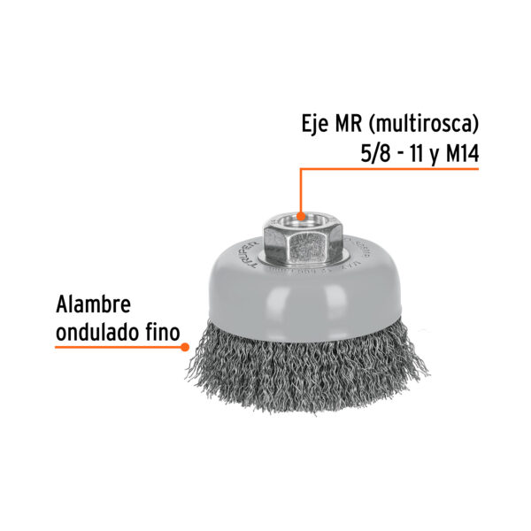 Carda de copa, alambre ondulado fino, 3", Multi rosca