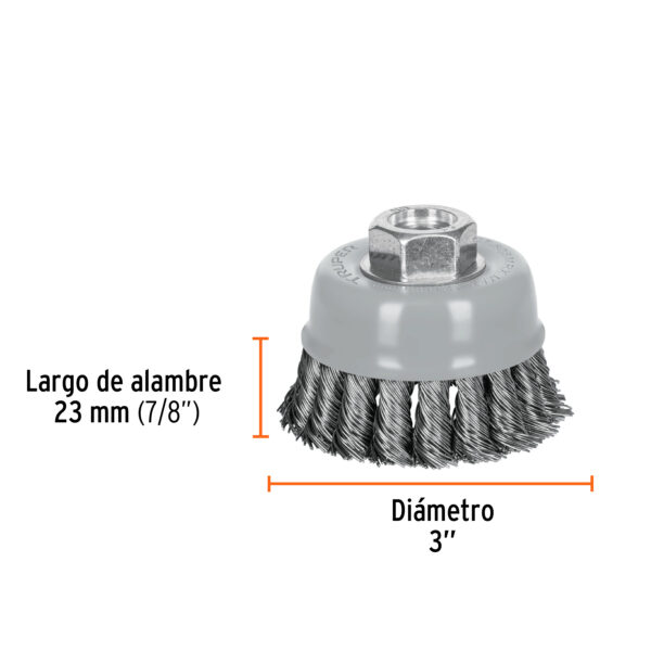 Carda de copa, alambre trenzado grueso, 3", Multi rosca