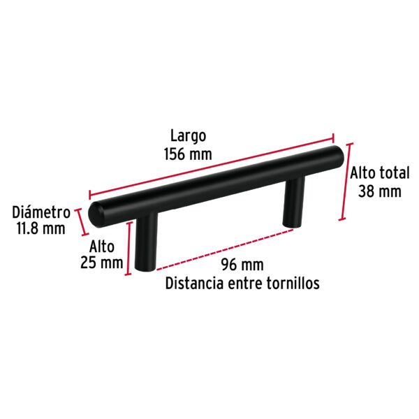 Jaladera de 96mm estilo "Cilindro" acabado negro, Hermex