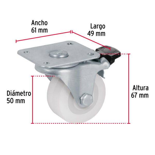 Rodaja de polietileno 2", placa giratoria, 22mm con freno