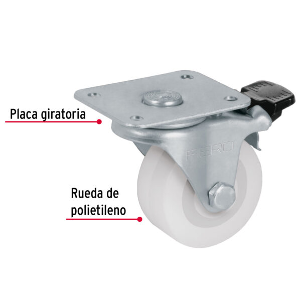 Rodaja de polietileno 2", placa giratoria, 22mm con freno