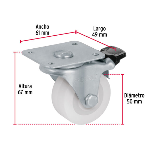 Rodaja de polietileno 2", placa giratoria, 22mm con freno