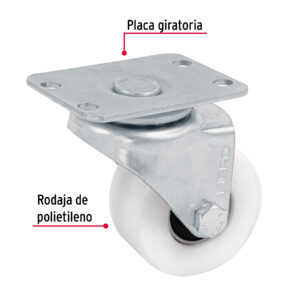 Rodaja de polietileno 2", placa giratoria, pisada 25mm