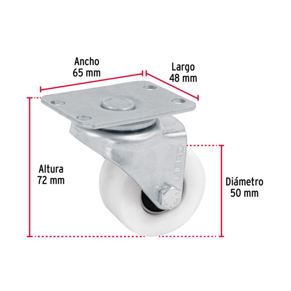 Rodaja de polietileno 2", placa giratoria, pisada 25mm