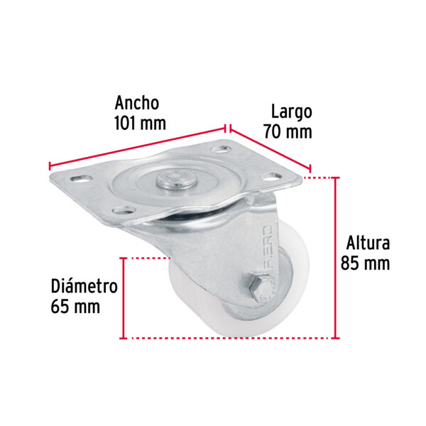 Rodaja de polietileno 2-1/2", placa giratoria, pisada 27mm