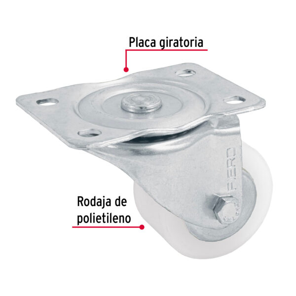 Rodaja de polietileno 2-1/2", placa giratoria, pisada 27mm