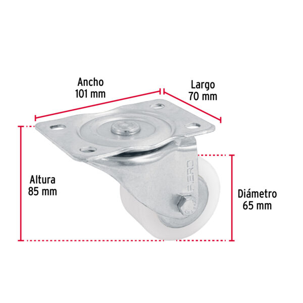 Rodaja de polietileno 2-1/2", placa giratoria, pisada 27mm