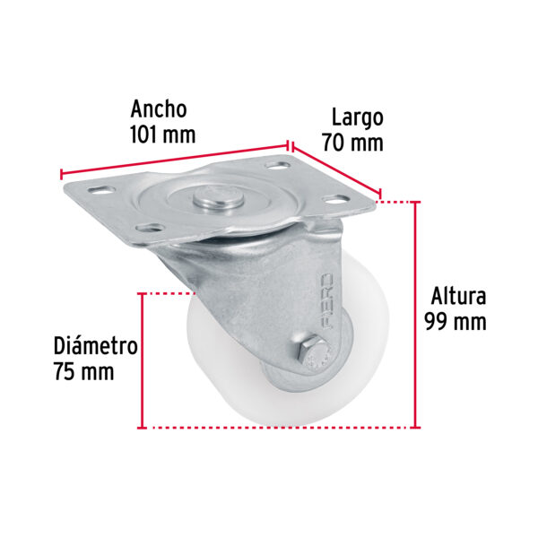 Rodaja de polietileno 3", placa giratoria, pisada 29mm