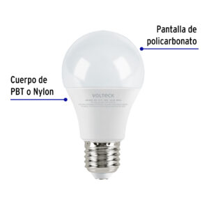 Lampara LED tipo bulbo A19 9 W luz de dia, caja, Volteck