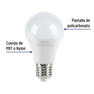 Lampara LED tipo bulbo A19 12 W luz de dia, caja, Volteck