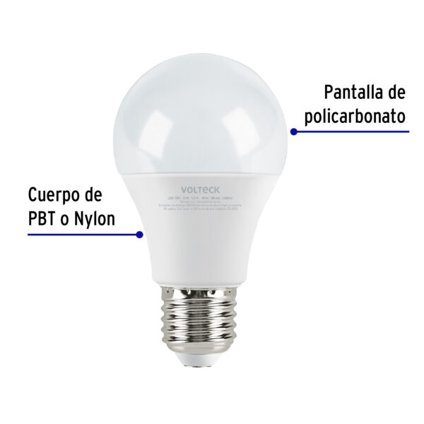 Lampara LED tipo bulbo A19 12 W luz de dia, caja, Volteck