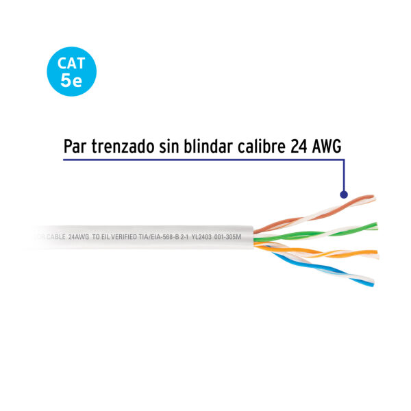 Metro de cable UTP CAT5E, Bobina de 100m, blanco, VOLTECK