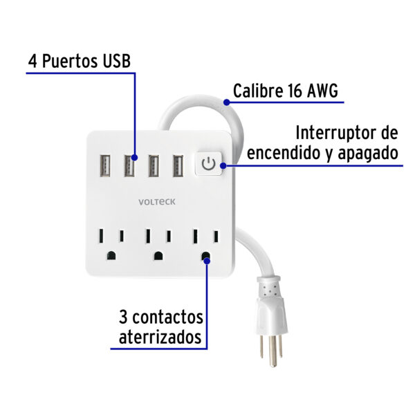 Multicontacto 16 AWG domestico 3 entradas 4 ptos USB, blanco