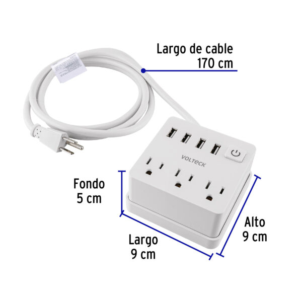 Multicontacto 16 AWG domestico 3 entradas 4 ptos USB, blanco