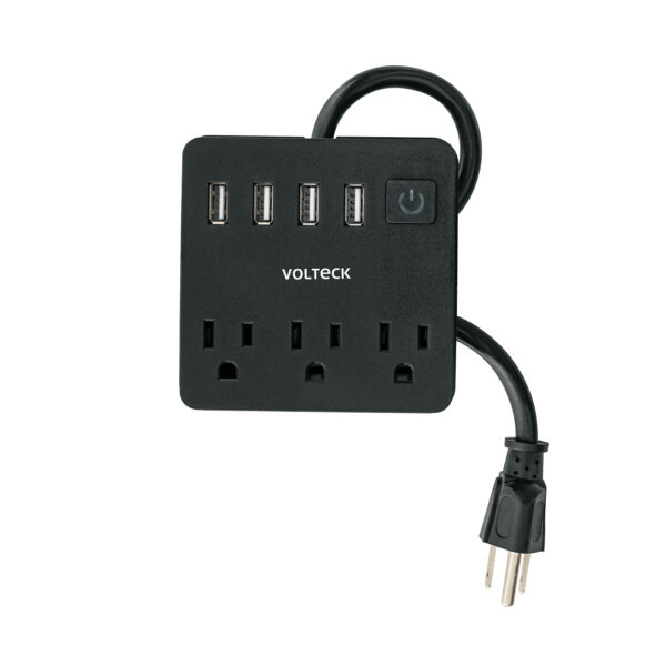 Multicontacto 16 AWG domestico, 3 entradas 4 ptos USB, negro