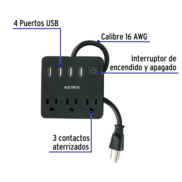 Multicontacto 16 AWG domestico, 3 entradas 4 ptos USB, negro