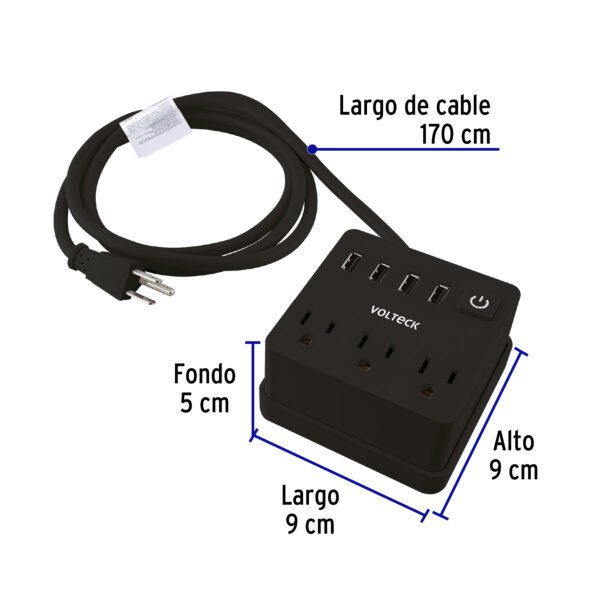 Multicontacto 16 AWG domestico, 3 entradas 4 ptos USB, negro