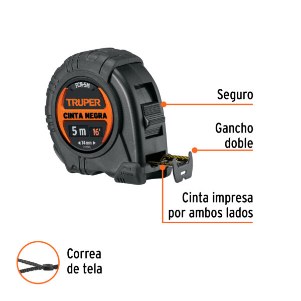 Flexometro Cinta Negra de 5m 19mm Truper