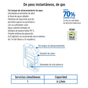 Calentador de paso instantaneo, 6L, gas LP, 1 servicio