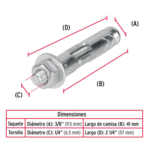 Taquete de expansion, 1/4" con tornillo, caja 100 piezas