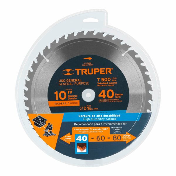 Disco sierra para madera 10" de 40 dientes Centro 1"