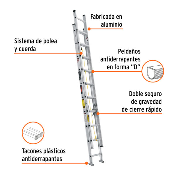 Escalera de extension 150kg 20 peldaños Ext 4.9m Max: 6.3m