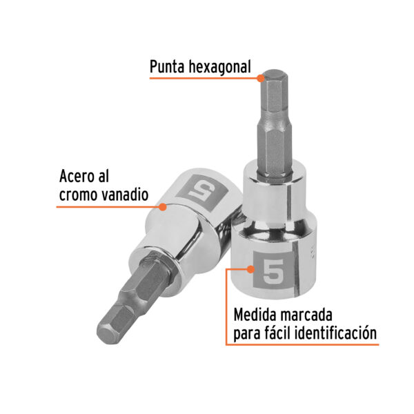 Dados de punta hexagonal, cuadro 3/8" de 5mm.